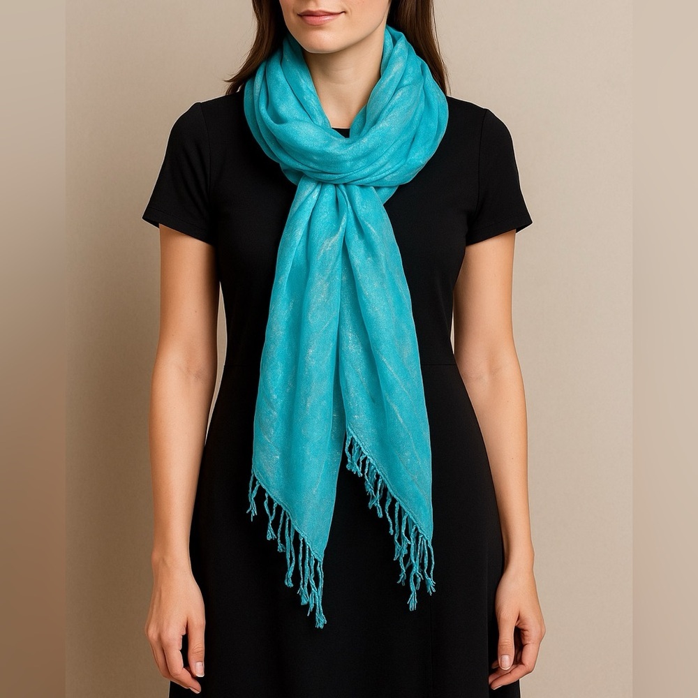 Turquoise Silver Metallic Pashmina Scarf with Fringe One Size